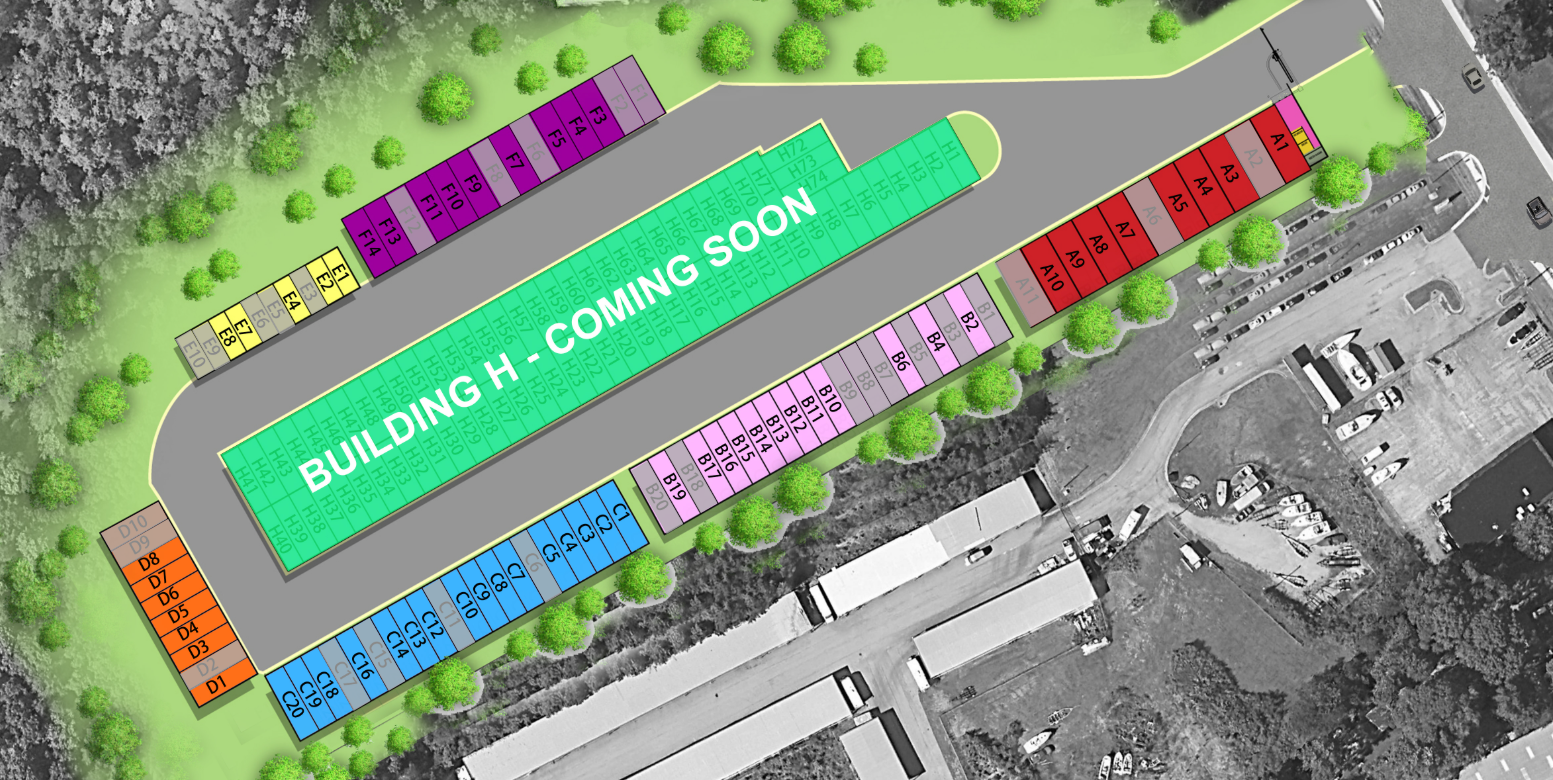Color-coded aerial site plan for Storage Caves Buford showing Buildings A through H and available units