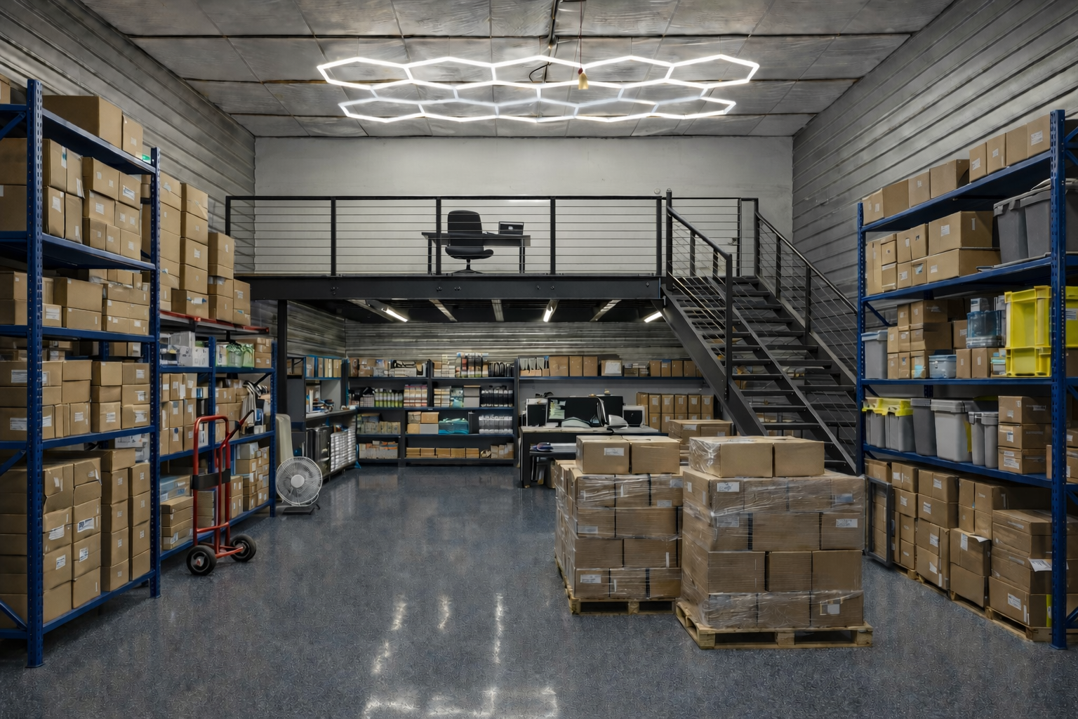 Organized business storage unit with shelved inventory, pallets, and a mezzanine office inside a Storage Caves Buford flex space